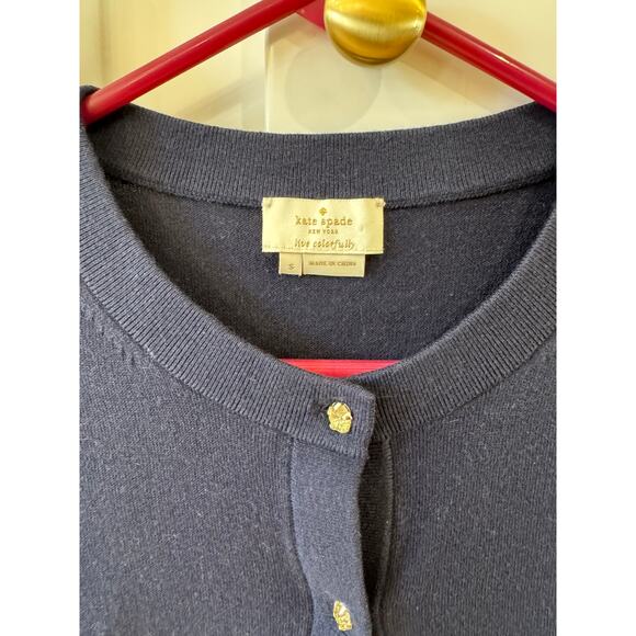 Kate Spade Navy Rhinestone Button Navy Blue Cropped Sweater Normcore Size S - Picture 2 of 6